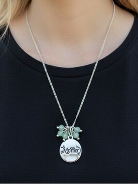 Silver 'Mother' Pendant Necklace with Green Bead Accents